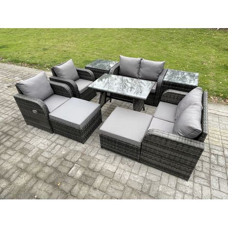 Fimous 8-Sitzer Polyrattan Garten Esstisch Set Gartenmöbel Sofa mit Rechteckiger Esstisch 2 Beistelltischen 2 hohen Hockern Dunkelgrau Gemischt (1/5)