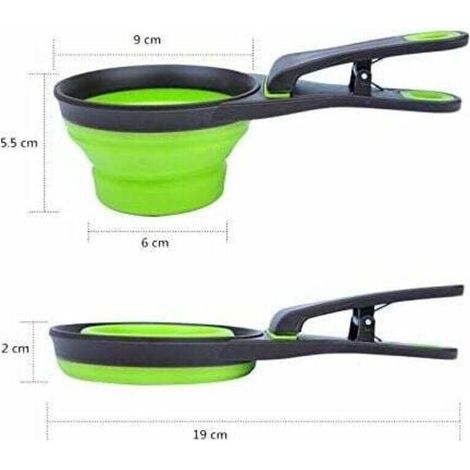 Multifunktionale Futterschaufel für Haustiere, 3-in-1 faltbarer Silikon-Messbecher mit Beutelverschlussclip für Hunde- und Katzenfutter, Wasser, Snacks und als Reisenapf - Crezuo