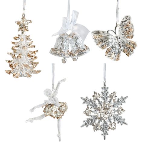 [Baumschmuck-Set] [Set] [5-teilig] Glitzernde Acryl-Weihnachtsdekorationen – Transparente Anhänger mit festlichen Motiven (1/5)