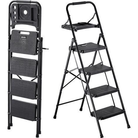 VEVOR Escalera Plegable de 4 Peldaños, Escalera de Tijera con Estructura de Acero, Capacidad de Carga Máx. 272 kg, Pies Antideslizantes Bandeja de Herramientas Asa de Goma, para Hogar Cocina Oficina