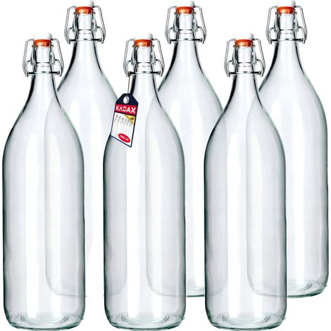 Botella de vidrio, capacidad de 2000 ml, 29 cm de alto, 10 cm de diámetro, tapón de corcho sellado, diseño transparente. (1/5)