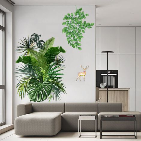 Tropical Plant Wall Stickers Green Palm Leaf Wall Decals Nature Plants Wall Sticker for Living Rooms Bedrooms Offices Sofa Background Wall Decor