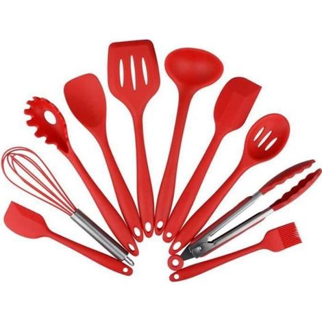 10 pcs ustensiles de cuisine en silicone, cuillère-louche, fouet, spatule, pinces, fourchette à pâtes - rouge, résistant à la chaleur jusqu'à 250°C, idéal cuisine maison et professionnelle (1/4)