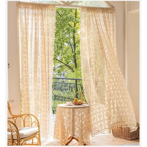 Lot de 2 rideaux bohèmes vintage tricotés - Style maison de campagne - En coton - Beige - Avec gland - Salon moderne - Rideaux de fenêtre 135 x 240 cm (1/4)
