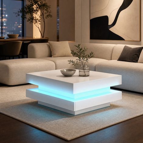 Quadratischer Couchtisch 70 x 70 x 36 cm mit Bluetooth-LED-Streifen, weiß HAVRYA (1/5)