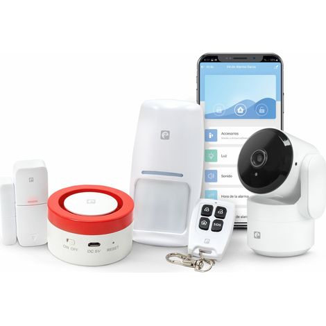 Kit Sistema de Alarma y Seguridad Inteligente Wifi 2,4 GHz con Cámara 1080p 360º para el hogar, Sirena 120 dB, Sensores de Movimiento y Apertura de Puertas/Ventanas, Control por voz/app.