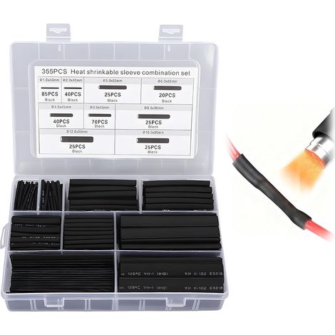 Kit de Gaine Thermorétractable Étanche (355 Pièces), Tube Thermorétractable Doppelt Paroi avec Adhésif, Applicable à pour Isolation Électrique, Protection et Connexions - Noir (1/5)