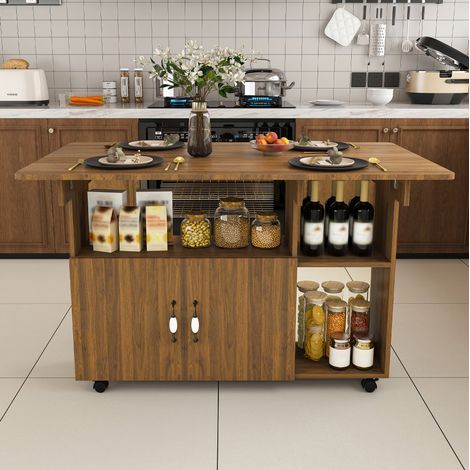 Tavolo da pranzo pieghevole mobile 110x70x80 cm in MDF effetto noce con 5 ripiani e 5 ruote OKWISH (1/5)