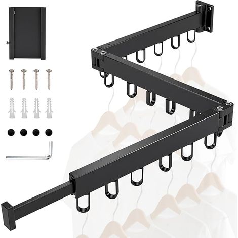 Retractable Wall-Mounted Clothes Rack, Folding Clothes Airer, Black Aluminium Clothes Hanger with Hooks, Rotatable Clothes Rack for Balcony, Laundry Room, Bathroom (1/5)