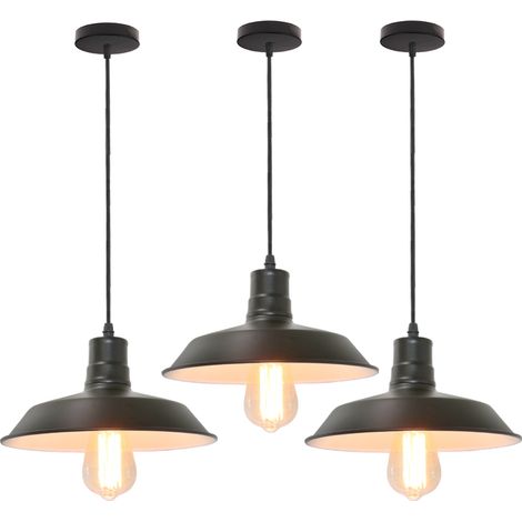 3er Pendelleuchte, Retro Hängelampe mit E27 Fassung, Industraille Stil Kronleuchter mit Ø26cm Eisen Lampenschirm für Esszimmer Wohnzimmer Restaurant (Schwarz & Weiß)