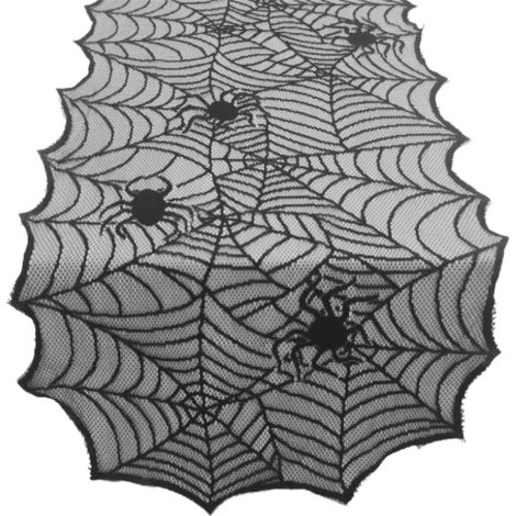Chemin de table noir toile d'araignée d'Halloween, tissu polyester 46x183 cm, décoration lugubre (1/5)