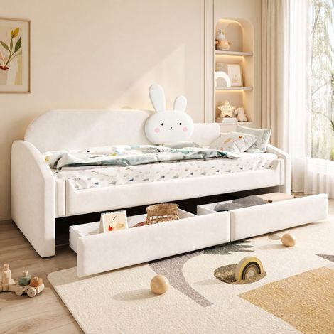 Lit simple enfant 90x200 cm en bois beige, avec rangement pour chambre, sans matelas FloraGrace (1/5)