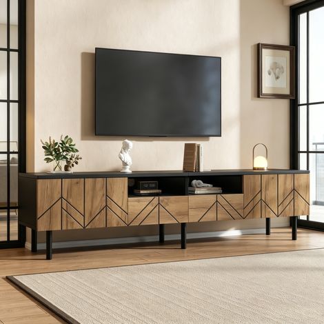 Mueble TV moderno 180x40x45 cm con 2 cajones y 2 puertas, tablero de partículas, negro y natural (1/5)