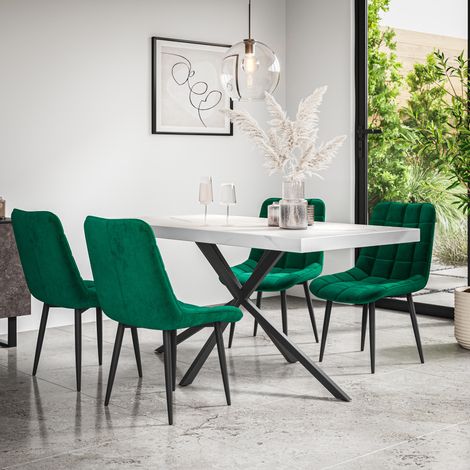 Donni Dining Table And Chairs - White Marble Effect Table Top w Black Legs + Nova Velvet Dining Chair Set Of 4 (Green) (1/5)