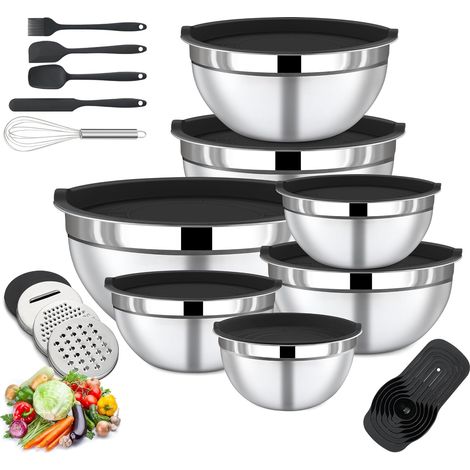 Set de 7 Saladiers Inox avec Couvercle, Râpe, Cuillères Mesure, Ustensiles, Lavable Lave-vaisselle, pour Cuisine (1/5)