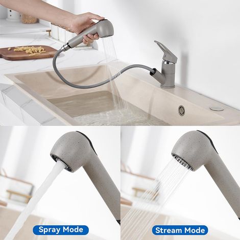 Grifo de Cocina Extraíble Gris Granito, Auralum Grifo de Fregadero Giratorio a 360º Grifo Cocina con ducha extraíble 70cm, Monomando Grifería de Mezclador con 2 modos de Rociador (1/5)