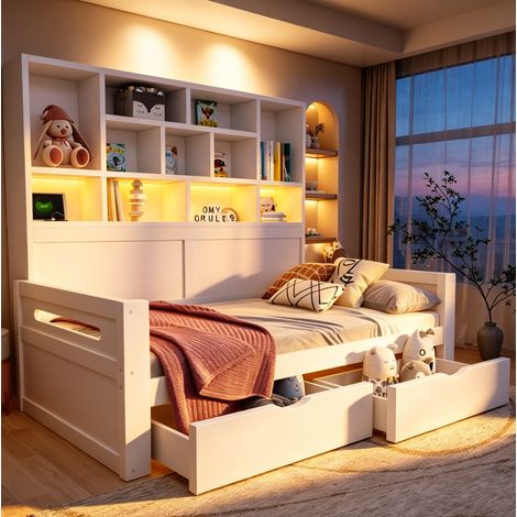 Cama individual multifuncional 90 x 200 cm blanca con almacenamiento, LED y enchufes (1/5)