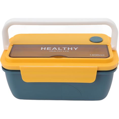 Boîte à bento portable 1400 ml avec grand compartiment, compatible micro-ondes, boîte à lunch japonaise pour étudiants et bureau, bleue et jaune. (1/5)