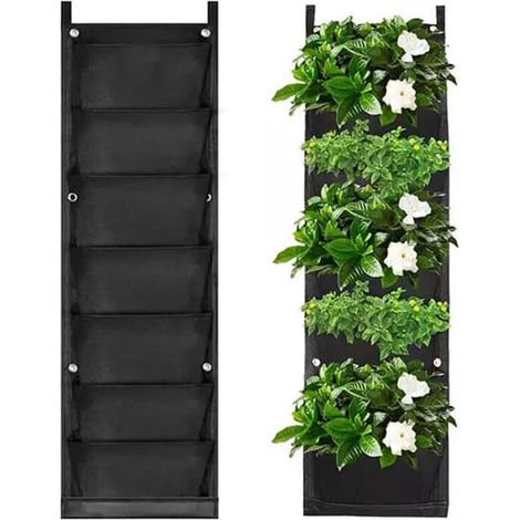 Pot de fleurs mural. Pot de fleurs vertical à 7 poches. Pot de fleurs suspendu d'extérieur. Idéal pour la décoration de balcon, jardin, terrasse et bureau (noir). (1/4)