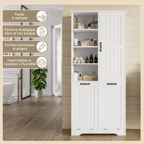 Armario de baño 78x35x172,7 cm de Melaminado blanco, con almacenaje y cestos de ropa para baño FloraGrace (1/5)
