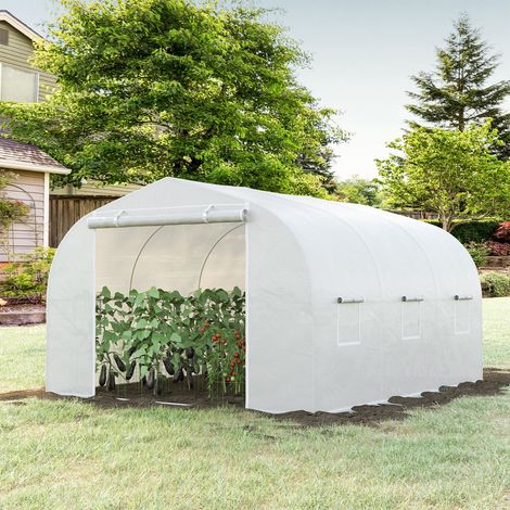 Outsunny Gartengewächshaus-Tunnel, Maße: 3,5 m (L) x 3 m (B) x 2 m (H), Tür + 6 Rollofenster, verzinkter Stahl, hochdichte PE-Plane, weiß