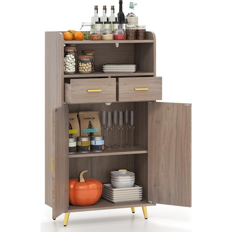 COSTWAY Mobiletto Bagno Salvaspazio 60 x 30 x 113 cm, Credenza Soggiorno con Ante, 2 Cassetti e Ripiano Regolabile, Armadietto da Cucina per Sala da Pranzo e Lavanderia (Grigio) (1/5)