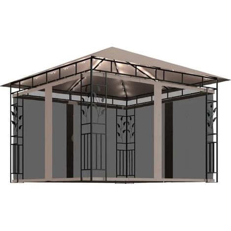Un gazebo équipé d'une moustiquaire et de lumières LED, mesurant 3x3x2,73 mètres, de couleur gris-brun. (1/5)