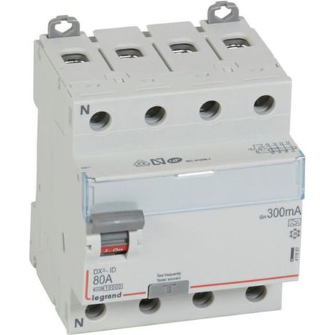 Interrupteur différentiel DX³-ID arrivée haute et départ bas à vis - 4P 400V 80A typeA 300mA - 4 modules - LEGRAND