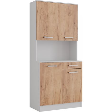 Aparador de cocina Raul, Roble blanco/dorado, 83.6 x 188.5 cm con 4 puertas y 1 cajón, Vicco (1/5)