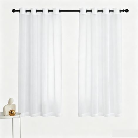 Rideau Blanc Voilage Lot de 2 Rideaux Lin Naturel Effet 140 x 160 Décoration Maison Chambre & Hôtel pour Petites Fenêtres Draperies Souple à Oeillet Romantique (1/5)