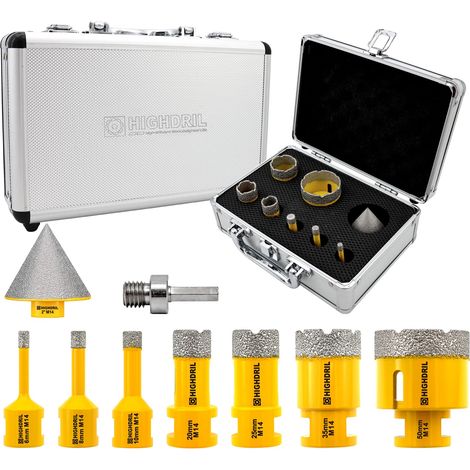 Foret Diamant Kit 9pcs 6/8/10/20/25/35/50mm Mèches Diamantées+50mm Mèches de Chanfrein+Adaptateur Scie Cloche pour Carrelage Céramique Porcelaine Marbre Granit (1/5)