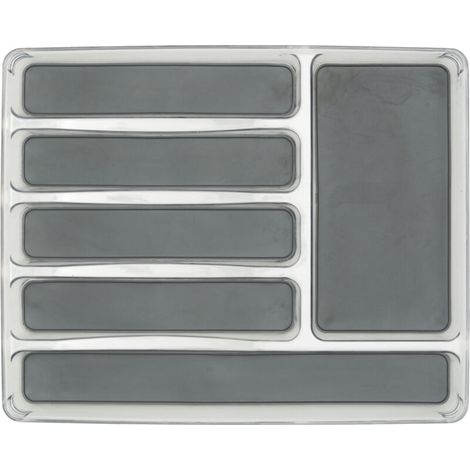 Range couvert tiroir 6 compartiments – Antidérapant – Dimensions 32x4,5x40 cm – Plastique transparent et gris – Adapté à tiroirs courants (1/5)