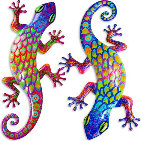 AOFOX 2 pièces métalliques Gecko décoration murale lézard jardin art couleur sculpture suspendue pour intérieur patio clôture (1/4)