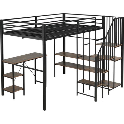 Lit mezzanine en métal et MDF 120 x 200 cm noir avec bureau, étagères et penderie ouverte HOMVRA (1/5)