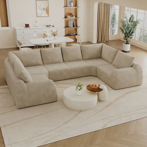 Sofá en U 344 x 200 cm en chenilla, relleno de espuma, sin montaje, caqui DESVIAE (1/5)