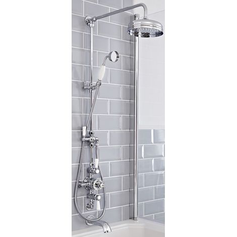 Milano Elizabeth Grand Rigid Riser with 3 Outlet Exposed Triple Thermostatic Shower Valve Round Rainfall Shower Head Hand Shower Handset and Wall Mounted Bath Spout - Chrome & White