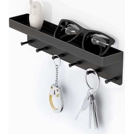 Schlüsselhalter / Schlüsselbrett Schwarz / Schlüsselregal /Schlüssel Organizer / Hakenleiste mit Ablage, 6 Haken & Schlüsselleiste, selbstklebend als Schlüsselboard Aufbewahrung, Wandorganizer (1/5)