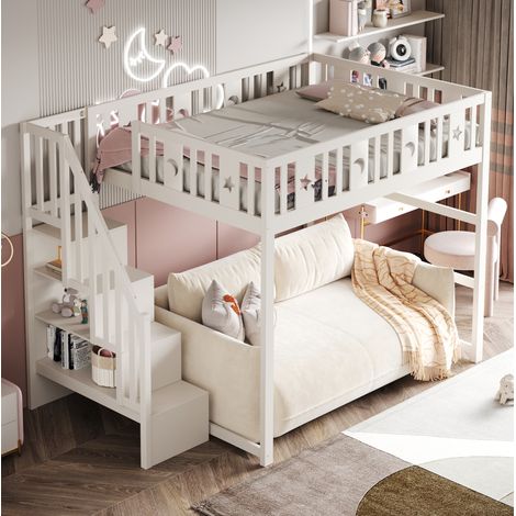 Cama alta infantil de madera maciza blanca, 140x200 cm, con escalera de almacenamiento y zona de descanso. (1/5)