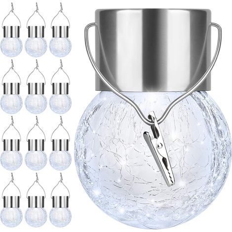 lampes solaires d'extérieur à suspendre Fonctionne l'énergie solaire en forme de boule craquelé étanche l'eau avec poignée 12PCS Verre Blanc (1/5)