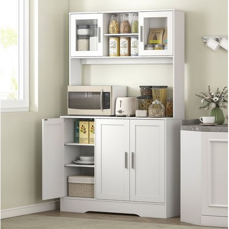 Buffet de cuisine 108/35/180 cm blanc avec 4 rangements, étagères réglables et portes vitrées (1/5)
