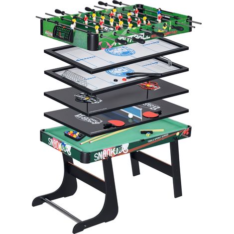 Table de jeux 6 en 1 pliable 118x104x71 cm avec billard, baby-foot et ping-pong, jeu design sobre pour famille pratique et complet