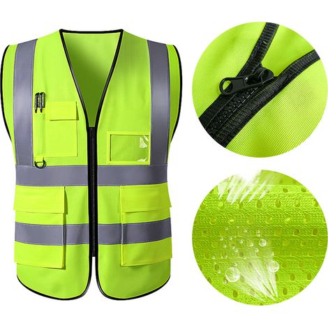 Gilet de sécurité réfléchissant vert, en tissu, à fermeture éclair et poches multiples, idéal pour la construction, l'industrie et les bâtiments routiers et autoroutiers. (1/5)
