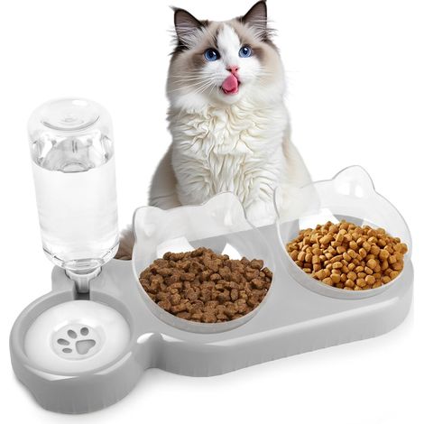 Gamelle chat 3-en-1 inclinée 15°, double bol, stockage eau automatique, pour minets/chiots