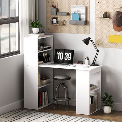 Escritorio con estantería, escritorio que ahorra espacio con tablero de madera para PC, mesa de trabajo reversible con estantes, para dormitorio infantil, estudio u oficina, 120x55x120 cm, blanco