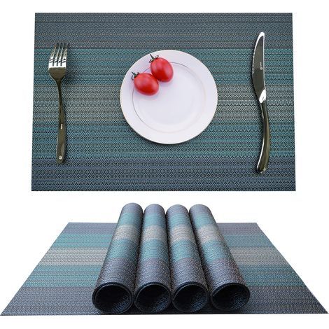 Juego de 4 manteles individuales de PVC, antideslizantes y lavables, resistentes al calor y a las manchas, fibras sintéticas, gris/azul, 4 (1/5)
