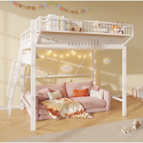 Lit mezzanine en métal blanc 140 x 200 cm avec étagères et espace ouvert dessous (1/5)