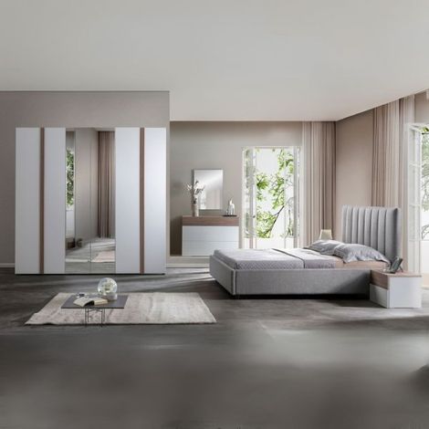 Camera da letto Amor con armadio 6 ante con specchio e letto imbottito con contenitore colore bianco e dettagli grigio
