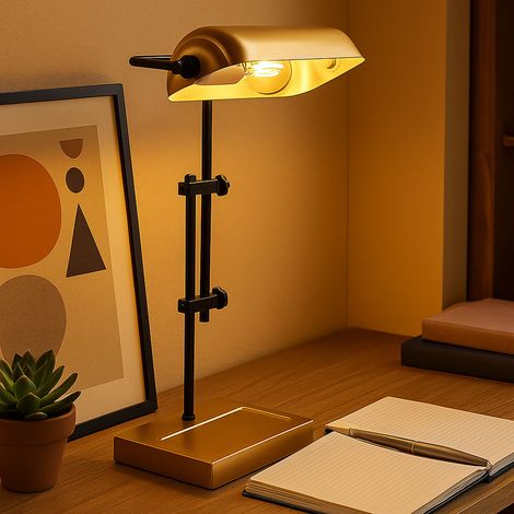 Lampe de table LED Lampe de lecture Lampe de chambre à coucher Lampe de salon Lampe de banquier, métal doré noir, E27 LED blanc chaud, H 50 cm (1/5)