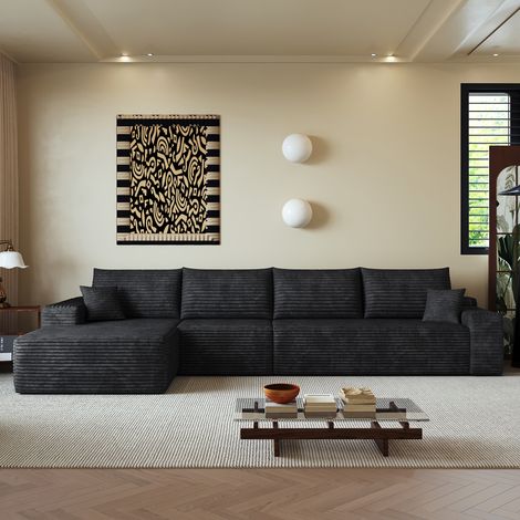 Canapé d'angle modulable en L sans armature 340 cm,méridienne,assise profonde,effet nuage,sans montage,velours côtelé,noir (1/5)
