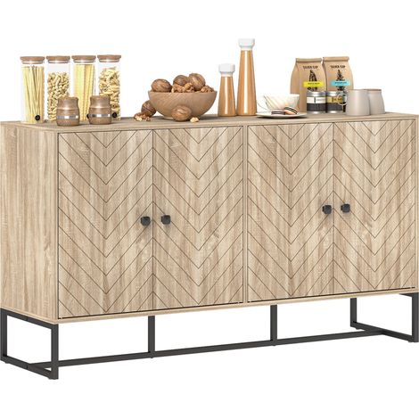 HOMCOM aparador de 4 puertas con diseño chevron, aparador de salón con estantes ajustables, patas de acero, 140,5x40x81,5 cm, roble